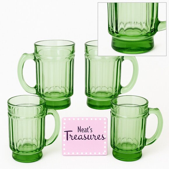 Vintage Anchor Hocking Ribbed Handled Green Glass Mugs Drinking Glasses Set of 4 - Picture 1 of 16